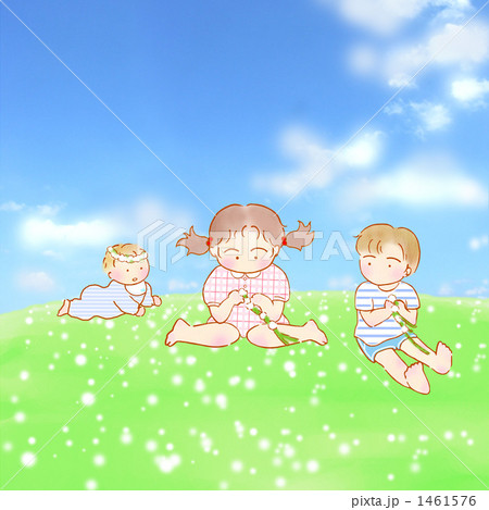 お花摘み 子供 3人のイラスト素材