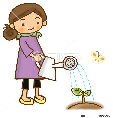 アサガオに水をやりする女の子のイラスト素材