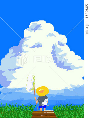 入道雲と土手に立つ少年のイラスト素材