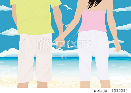 真夏イメージ 01 青空 海 手をつなぐカップルのイラスト素材