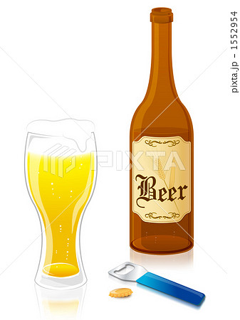 ビール瓶と泡だったグラスと栓抜き 1552954