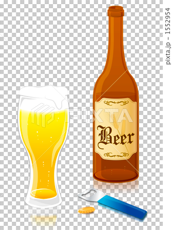 ビール瓶と泡だったグラスと栓抜き 1552954