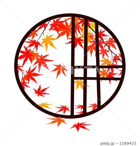 丸窓と紅葉のイラスト素材