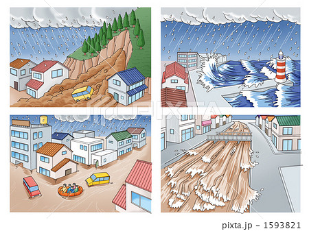 台風や豪雨の被害 4種 のイラスト素材