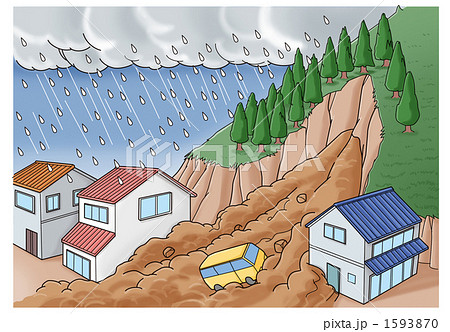 台風や豪雨の被害 土砂崩れ のイラスト素材