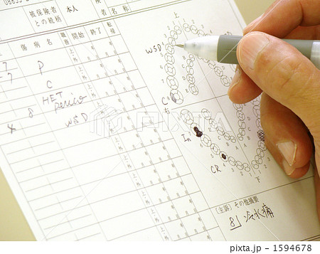 歯科診療録に記入する男性歯科医師の手 1594678