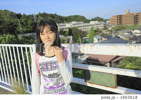 陸橋の上から学校を背景にカメラを向く小6の女の子の写真素材