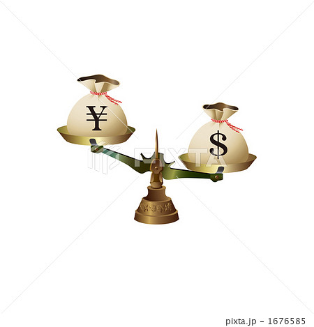 円安ドル高（上皿天秤とドル袋）のイラスト 1676585