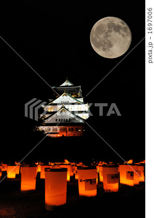 大阪城と満月とろうそく行灯 1697006