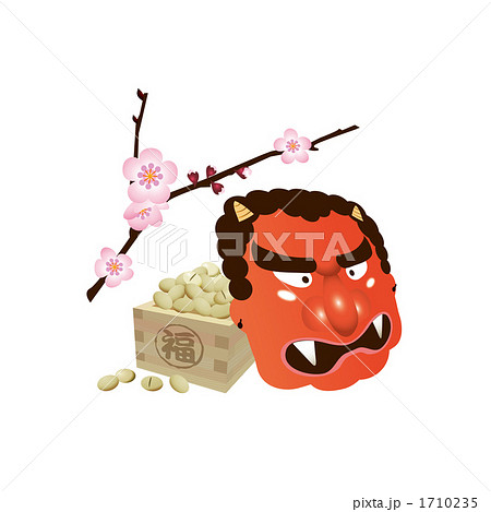 赤鬼のお面と福豆と梅のイラスト 赤鬼のお面と福豆と梅のイラスト 1710235