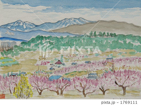 信州長野市松代東条杏の里水彩画 1769111