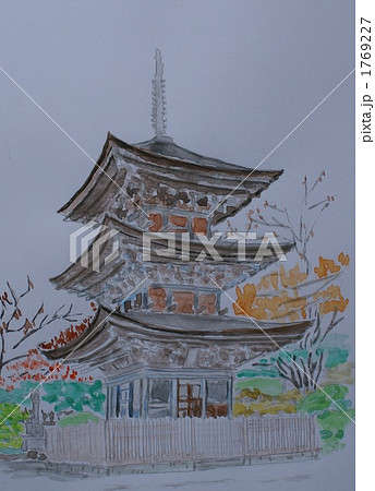 信州上田市塩田平にある前山寺三重の塔水彩画 1769227