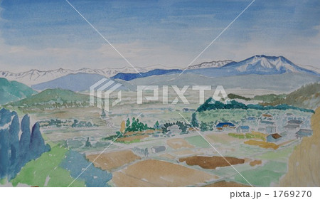 信州の晩秋とアルプス水彩画のイラスト素材