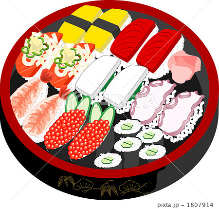 寿司桶 卵 マグロ シャケ イカ タコ エビ イクラ のイラスト素材