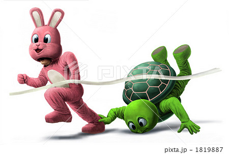 ウサギとカメの着ぐるみ競走のイラスト素材