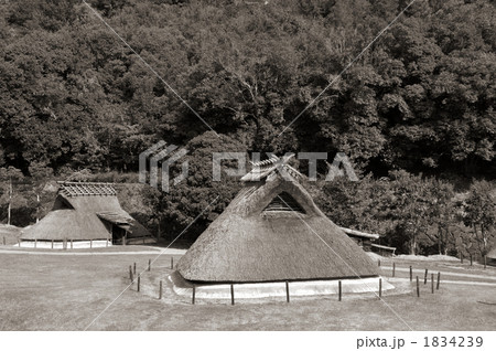 山間の史跡公園に竪穴住居セピア色 1834239