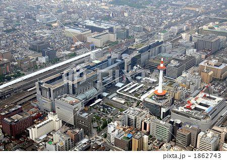 京都駅を北東から空撮の写真素材