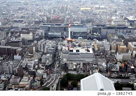 京都駅を北から空撮の写真素材