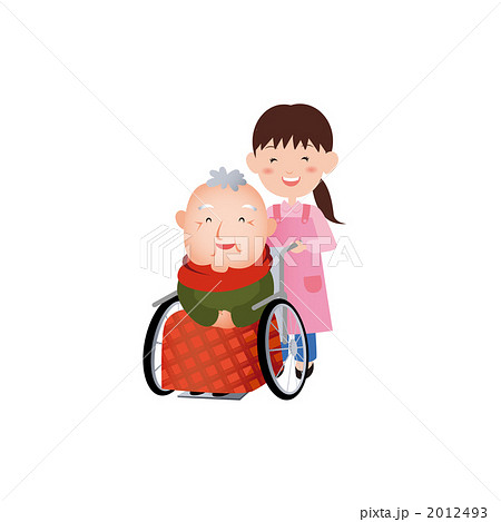 車椅子のおじいさんと介護ヘルパーさんのイラストのイラスト素材