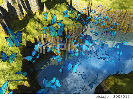 幻想世界 青い蝶たちの泉 のイラスト素材