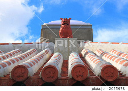 沖縄の風景　赤瓦の屋根のシーサー 2055978