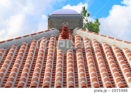 沖縄の風景 赤瓦の屋根のシーサーの写真素材