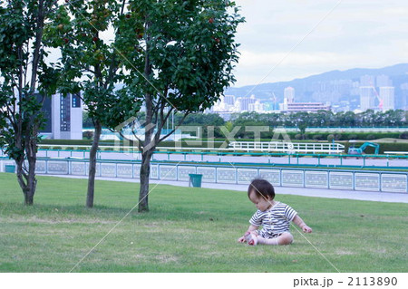 競馬場の見える芝生に座る赤ちゃん 2113890