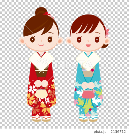 成人式に出席する着物の女性 二人のイラスト素材