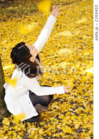 紅葉狩りをする女性(舞い散るイチョウを拾う) 紅葉狩りをする女性(舞い散るイチョウを拾う) 2168403