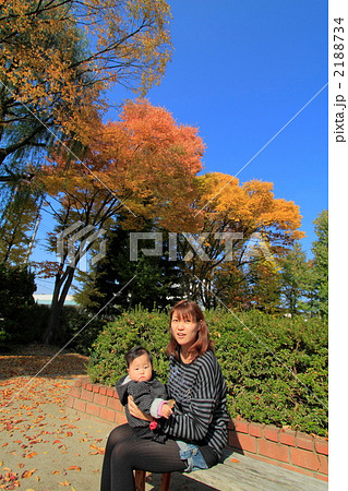秋の公園のベンチに座るママと8ヶ月の赤ちゃん 2188734