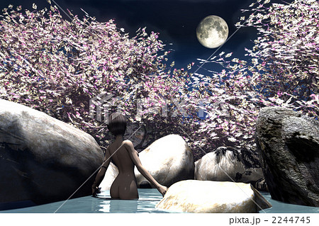 月と夜桜の湯のイラスト素材