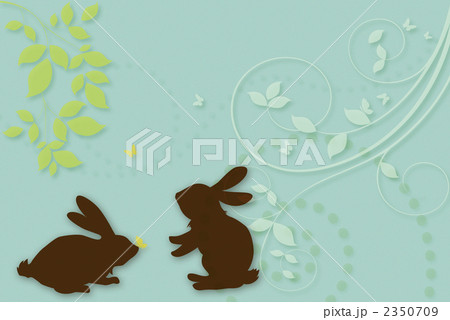 うさぎと蝶 01 ウサギ 蝶々 葉っぱ 青のイラスト素材