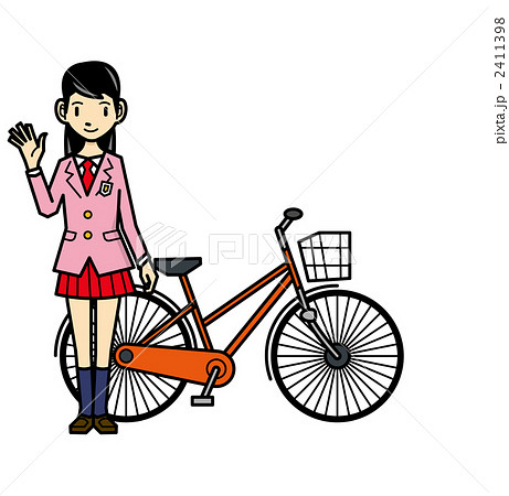 自転車通学 女子高生 女子高校生のイラスト素材