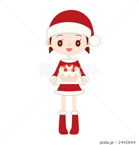 サンタ服を着た女の子 クリスマスケーキを持つのイラスト素材