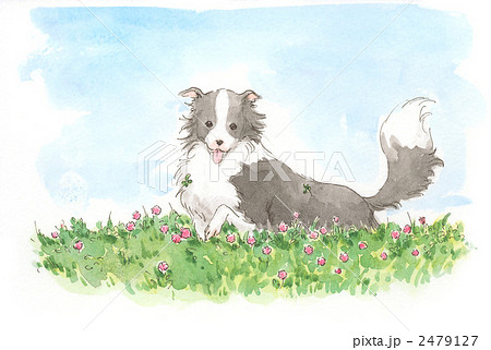 れんげの花と犬のイラスト素材