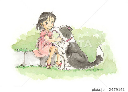草原の中の犬と女の子のイラスト素材