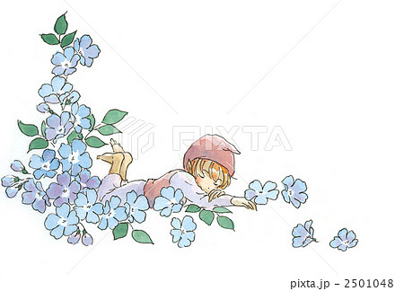 水色の花畑で眠る小人のイラスト素材