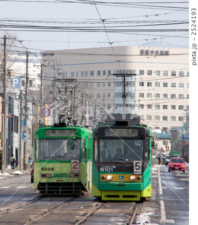 【縦構図】函館市電　電車同士のすれ違い（離合）8006号8101号　堀川町電停付近にて 2524193