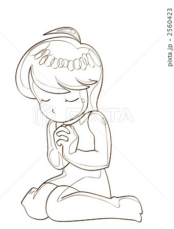 祈る少女 A 線画のイラスト素材