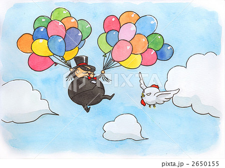 風船で飛ぶ男性と鶏のイラスト素材