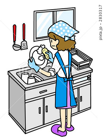 食器を洗うきれい好きな主婦のイラスト素材 317