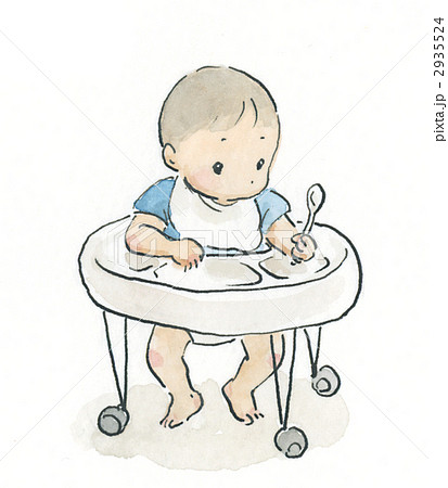 歩行器に座る赤ちゃんのイラスト素材