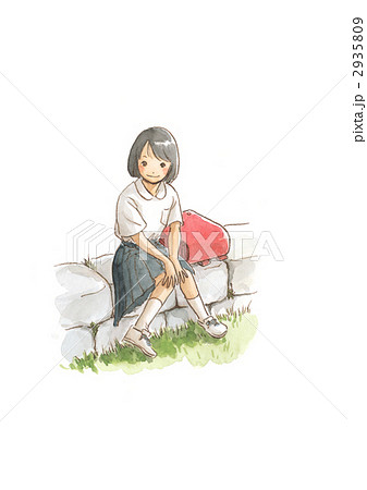 石垣に座るランドセルの女の子 石垣に座るランドセルの女の子 2935809
