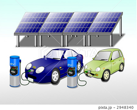 Ev 電気自動車と太陽光発電充電スタンドのイラスト素材