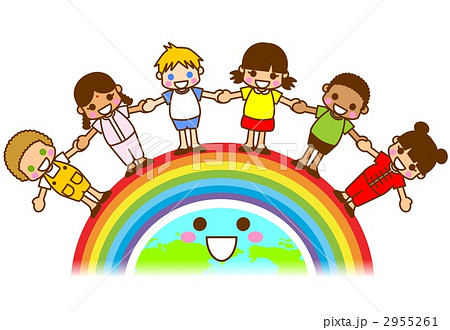 世界の子供と地球と虹のイラスト素材