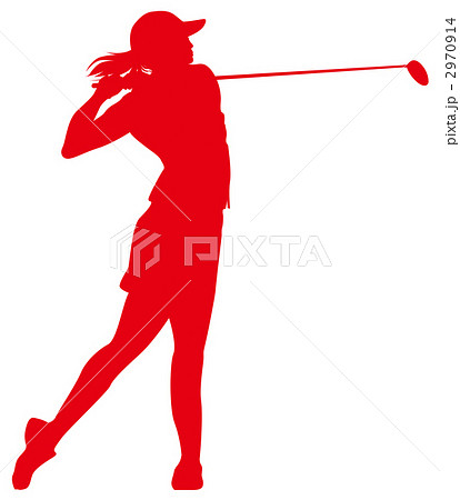 ゴルフする女性 赤シルエット のイラスト素材