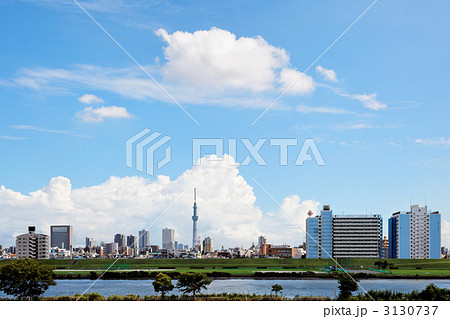 青空の下、川面に映える千住の住宅街と東京スカイツリー 青空の下、川面に映える千住の住宅街と東京スカイツリー 3130737