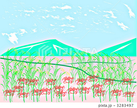 秋の田園風景 稲穂と彼岸花のイラスト素材