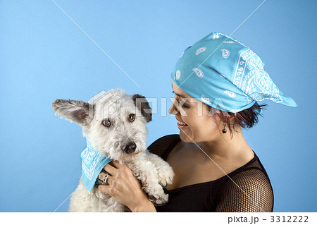 Woman and dog wearing bandanas. Woman and dog wearing bandanas. 3312222