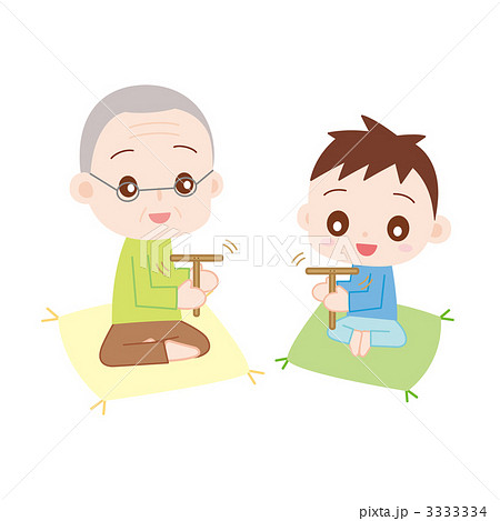 おじいちゃんと孫 竹とんぼで遊ぶのイラスト素材